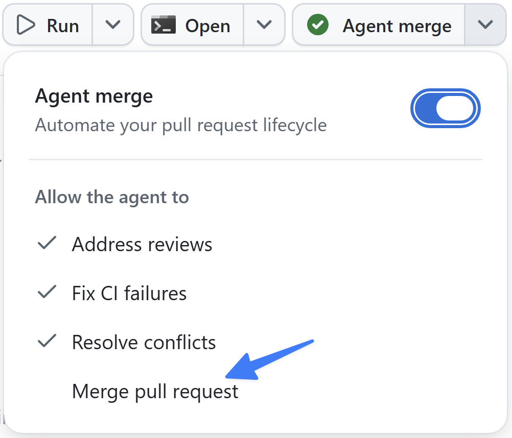 The Agent merge dropdown showing the agent's allowed actions — Address reviews, Fix CI failures, Resolve conflicts — with an arrow pointing to Merge pull request